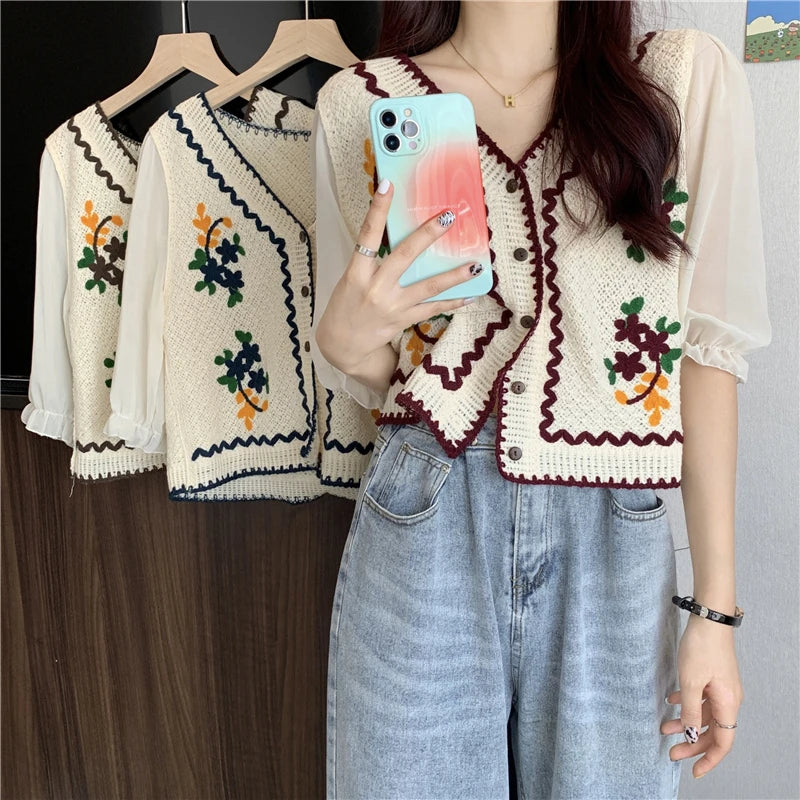 Flower Embroidery Crochet  Chiffon Sleeve  Top