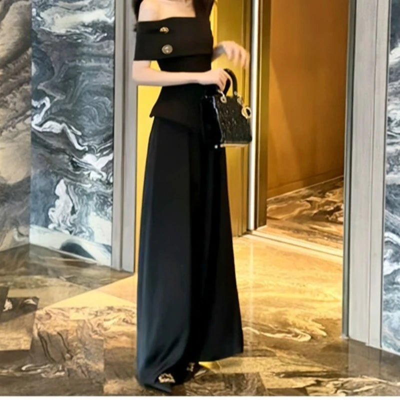 Fashion Sensation Shoulder Bared  Wide Leg Trousers