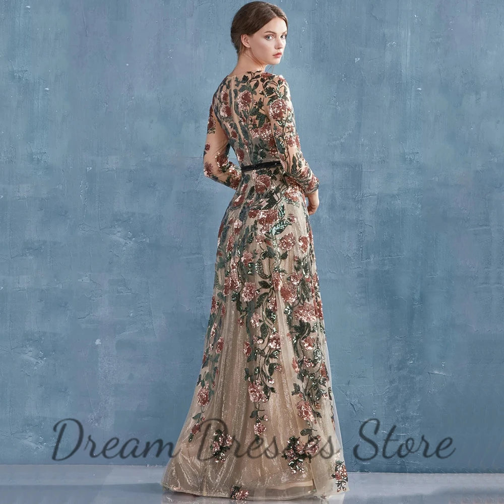 Sequins Flowers Applique, A-Line,  Belt, Floor Length