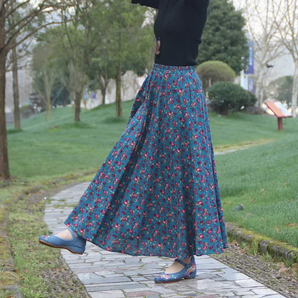 Cotton Linen Print Long Skirt Vintage