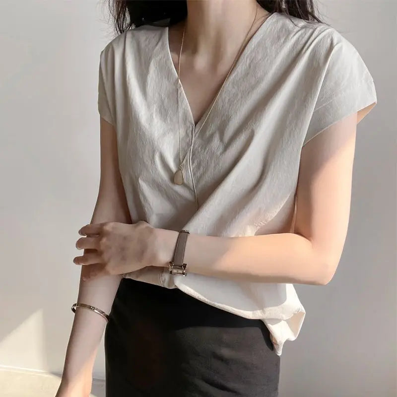 Half Sleeve  Button Up V Neck Blouse