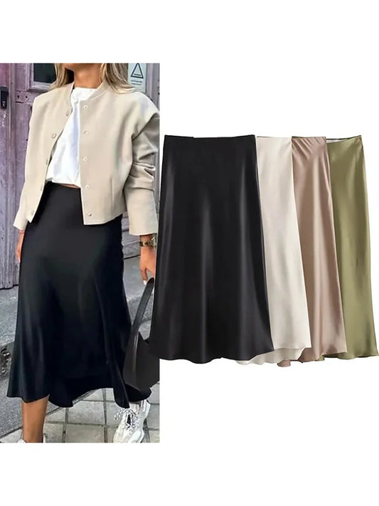 Black Satin High Waist  Midi Skirt