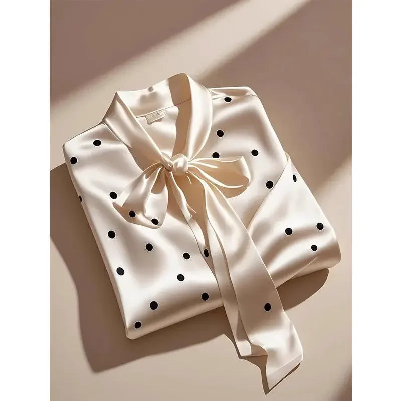 Satin Polka Dot Print Shirt Lace-up Bow