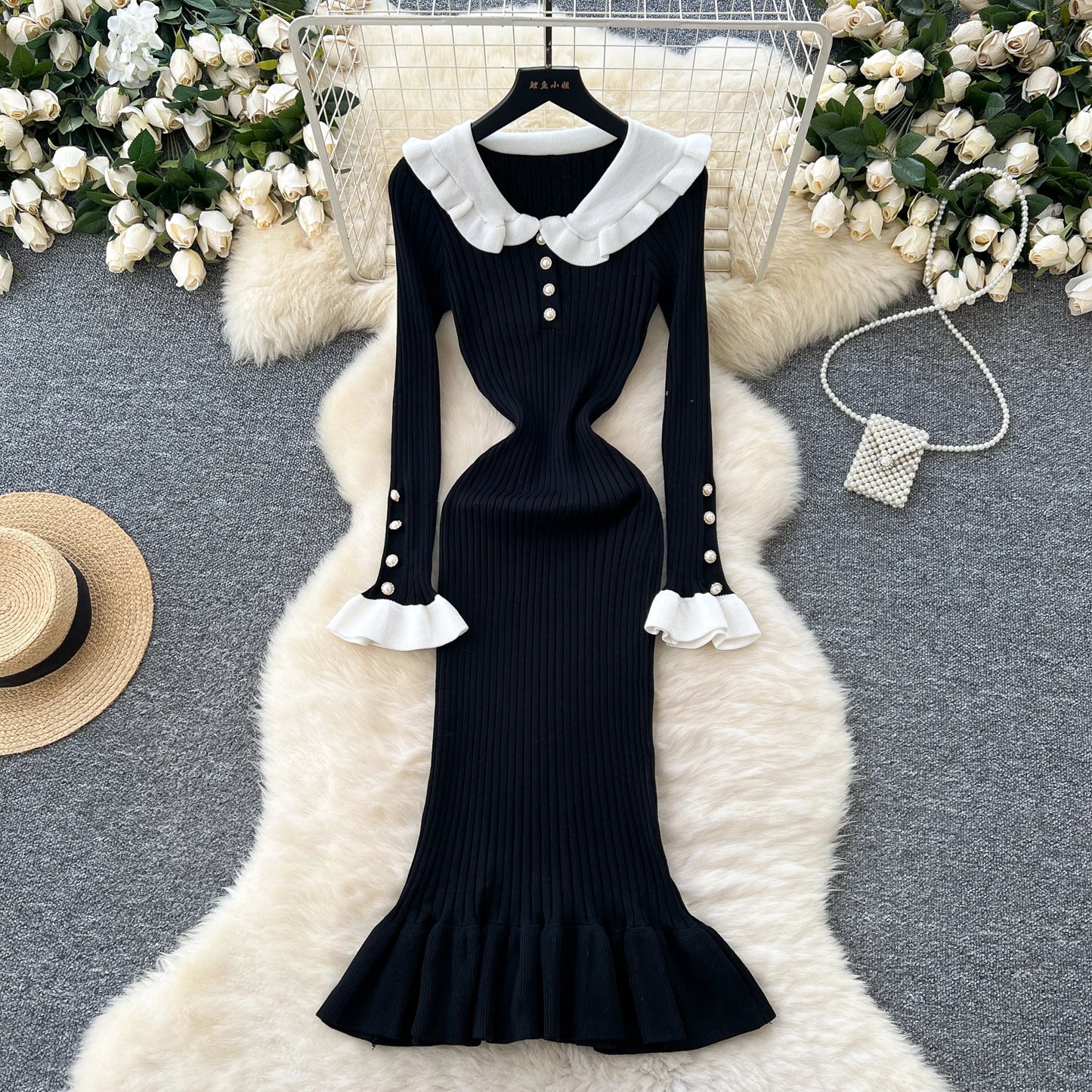 Winter Patchwork Ruffles Knitted Long Dresses