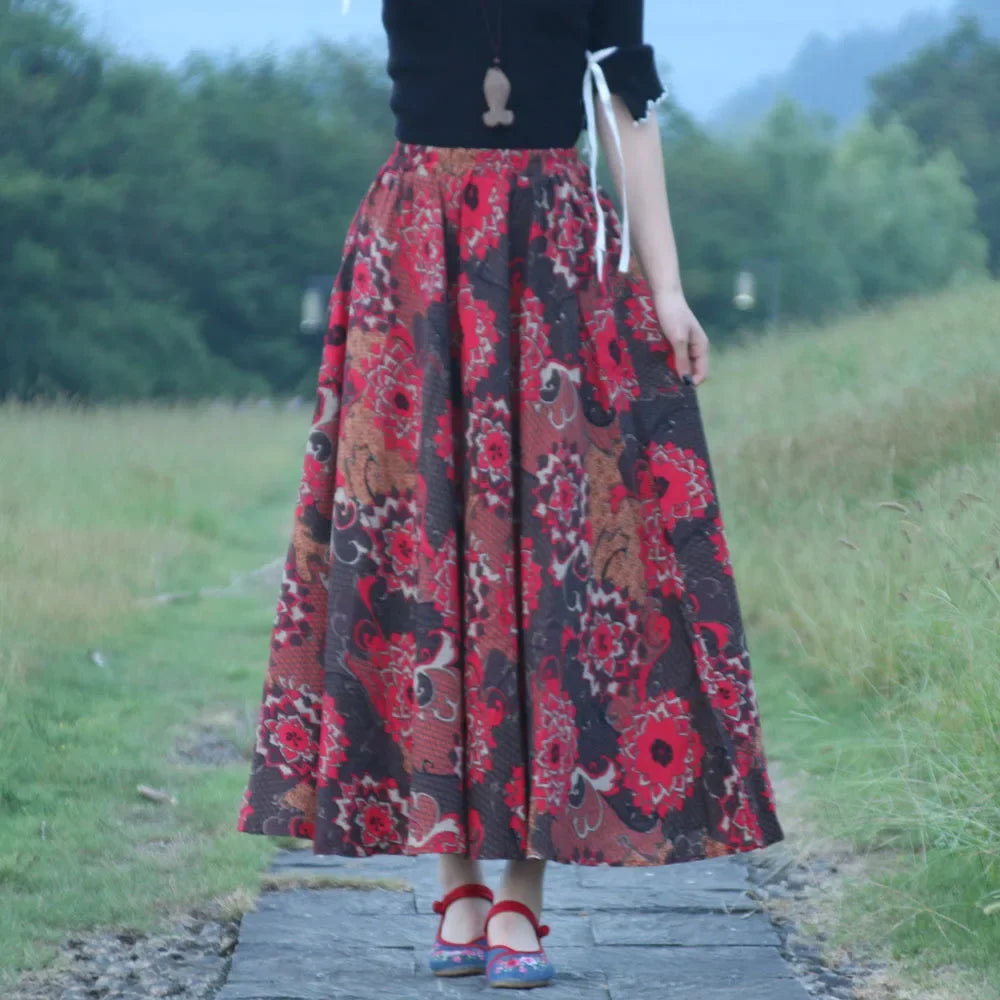 Cotton Linen Print Long Skirt Vintage