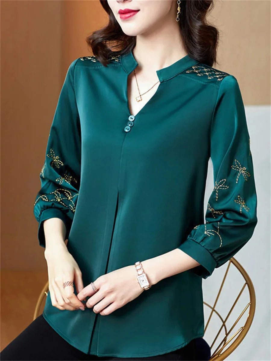 Three Quarter Sleeve V-Neck Embroidery Tops
