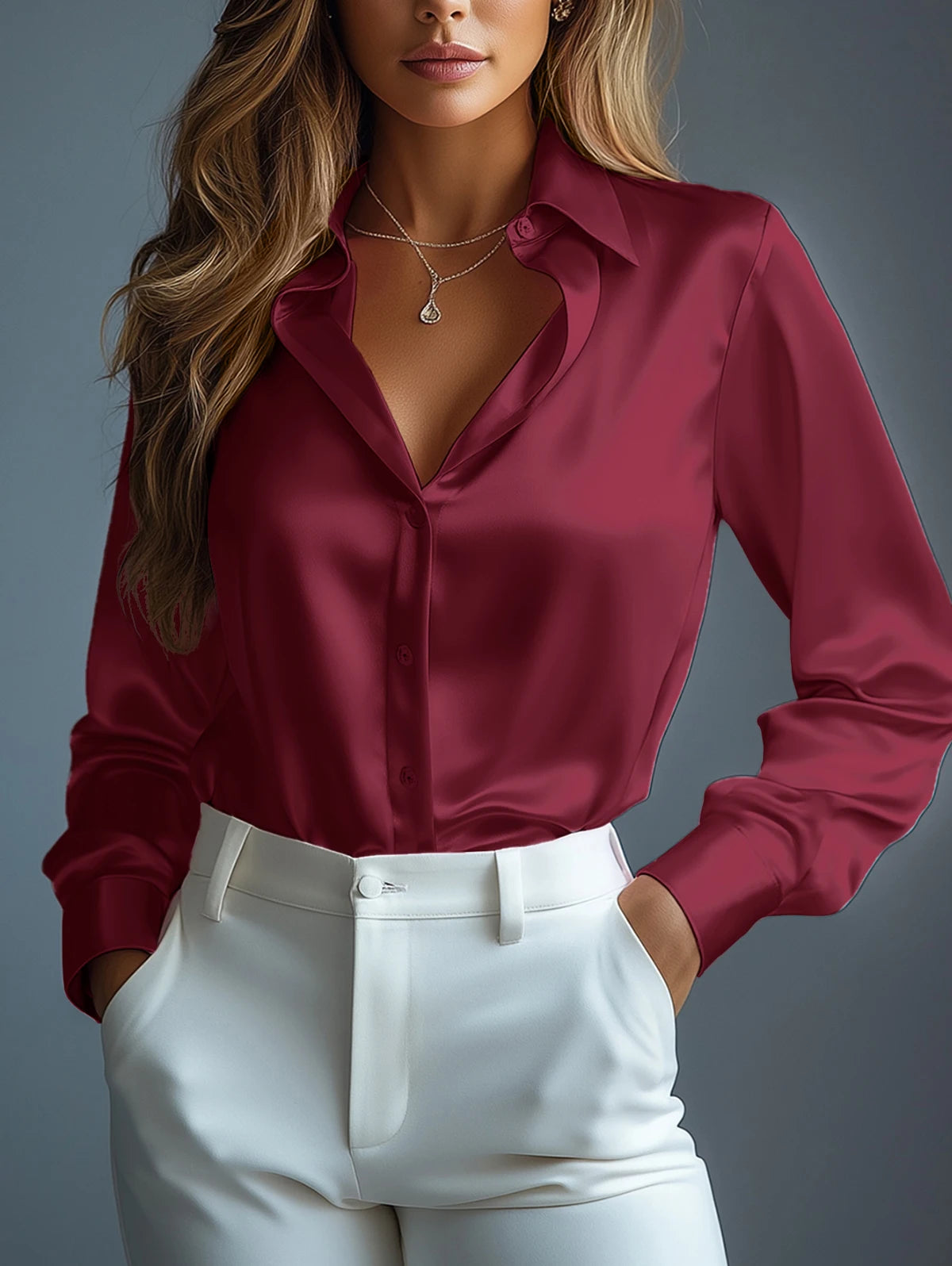 Satin Shirts Elegant Long Sleeve Blouse Button-Up Shirt