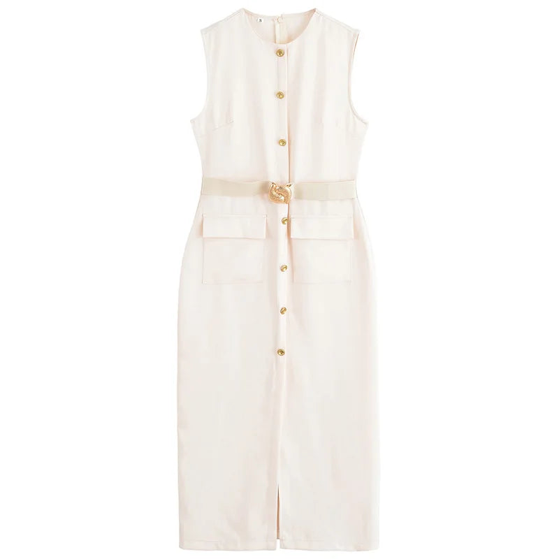 Belt Midi Sleeveless Slim Dresses