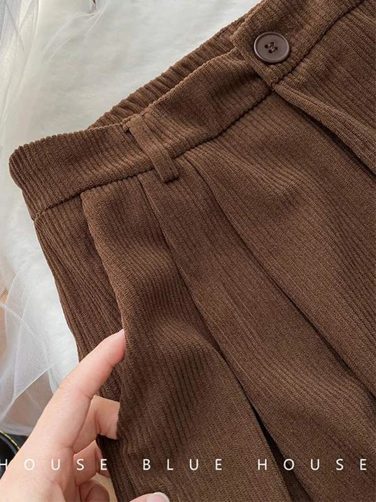 Corduroy Pants Full Length Trousers Coffee Pocket