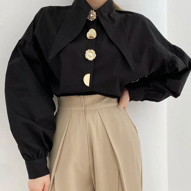 Elegant Pearl  Shirts Sharp Corner Collar Long Sleeve