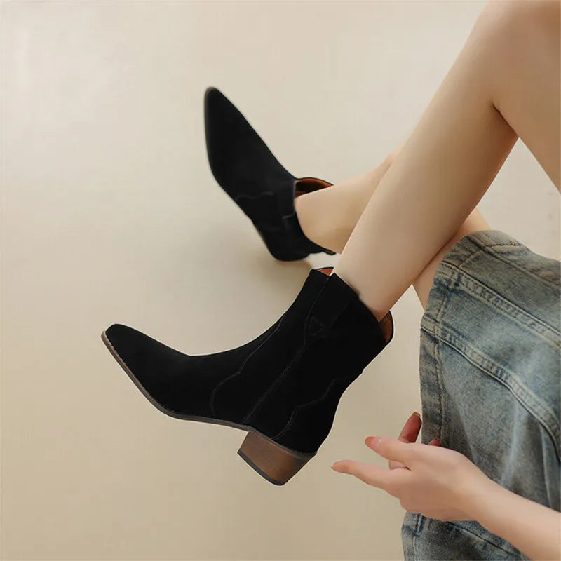 Cow Suede Pointed Toe Chunky Heel Boots