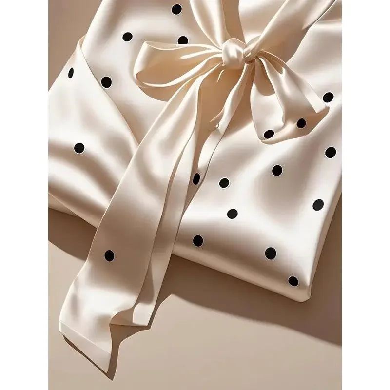 Satin Polka Dot Print Shirt Lace-up Bow