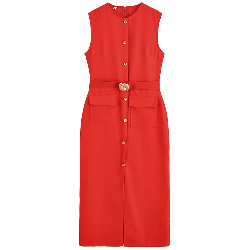 Belt Midi Sleeveless Slim Dresses