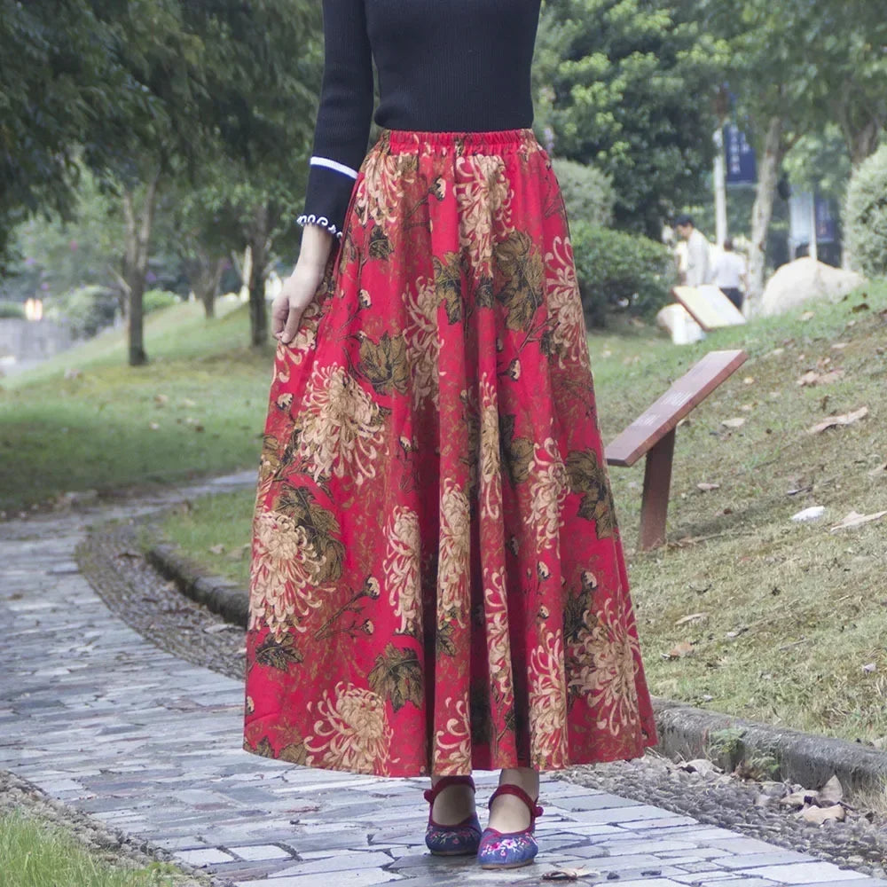 Cotton Linen Print Long Skirt Vintage