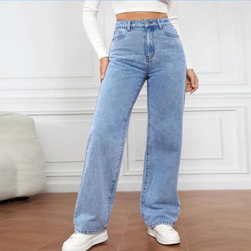 Wide Leg Jeans Pocket High Elastic Waist