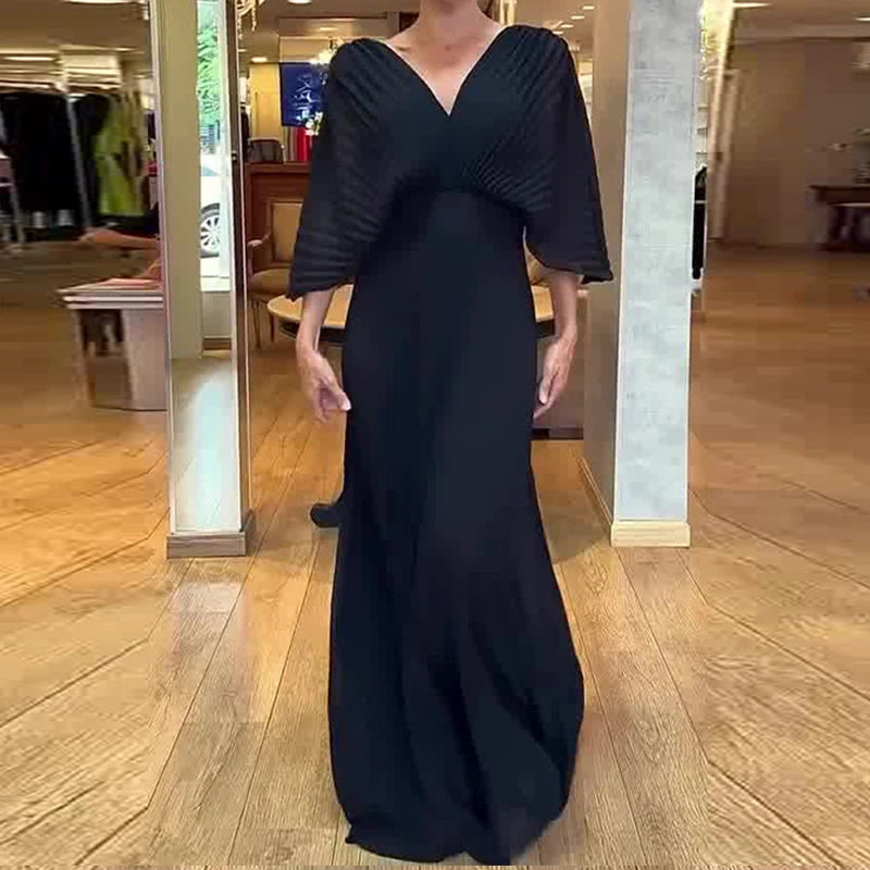 V-neck Casual 3/4 Sleeve Pleated Maxi Dress