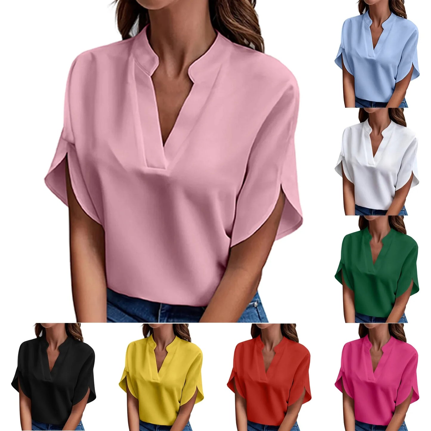 Short Sleeve Solid V Neck Loose Blouses