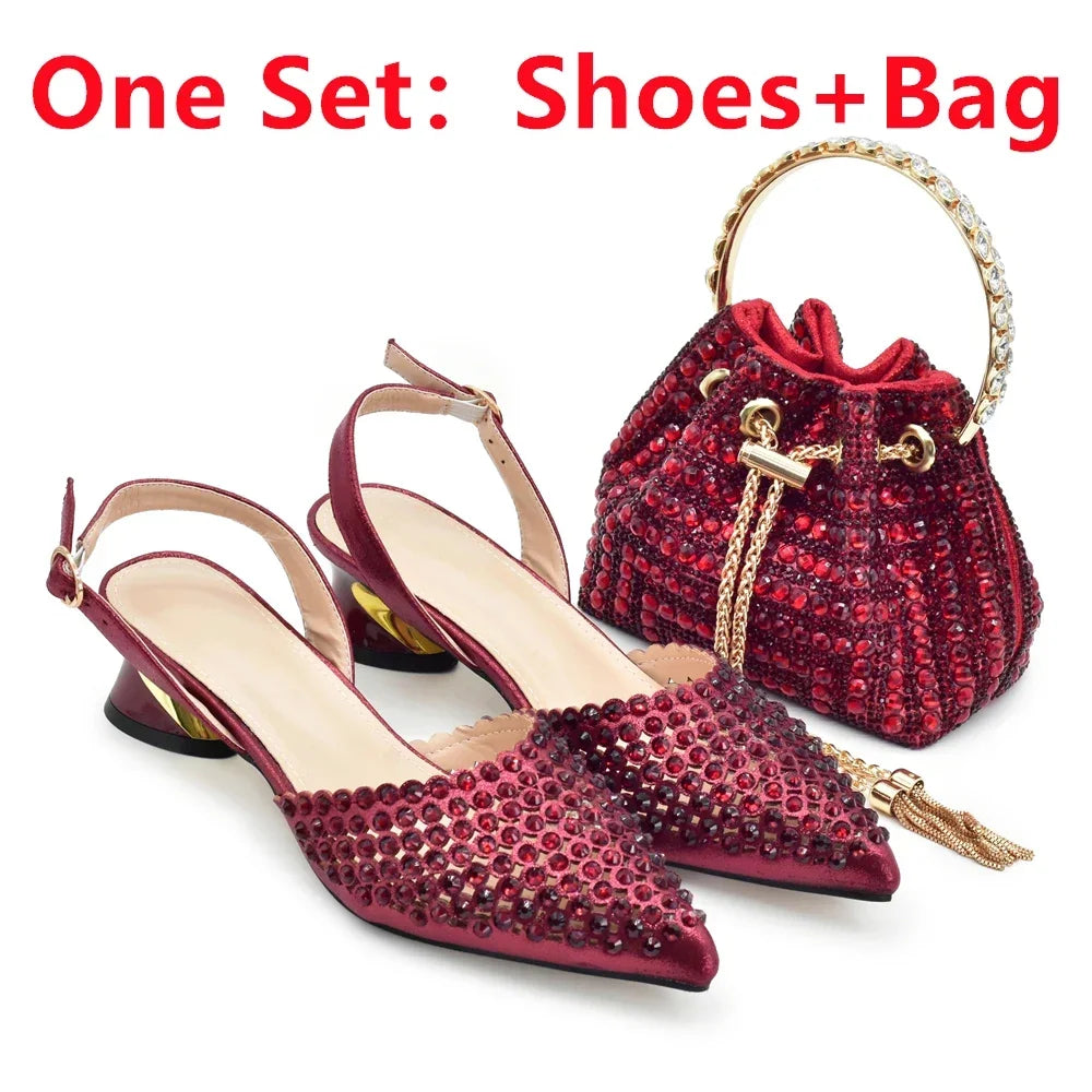 Italian Shoes with Matching Bags Decorated with Rhinestone