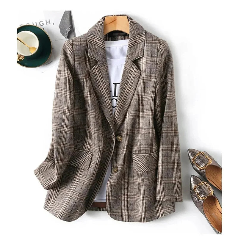 Single Breasted Plaid Long Sleeve  Blazers