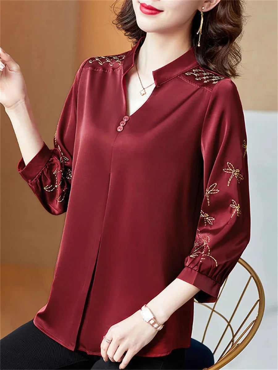 Three Quarter Sleeve V-Neck Embroidery Tops