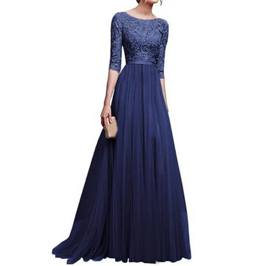 Maxi Dress Lace Flower Embroidery Pleated