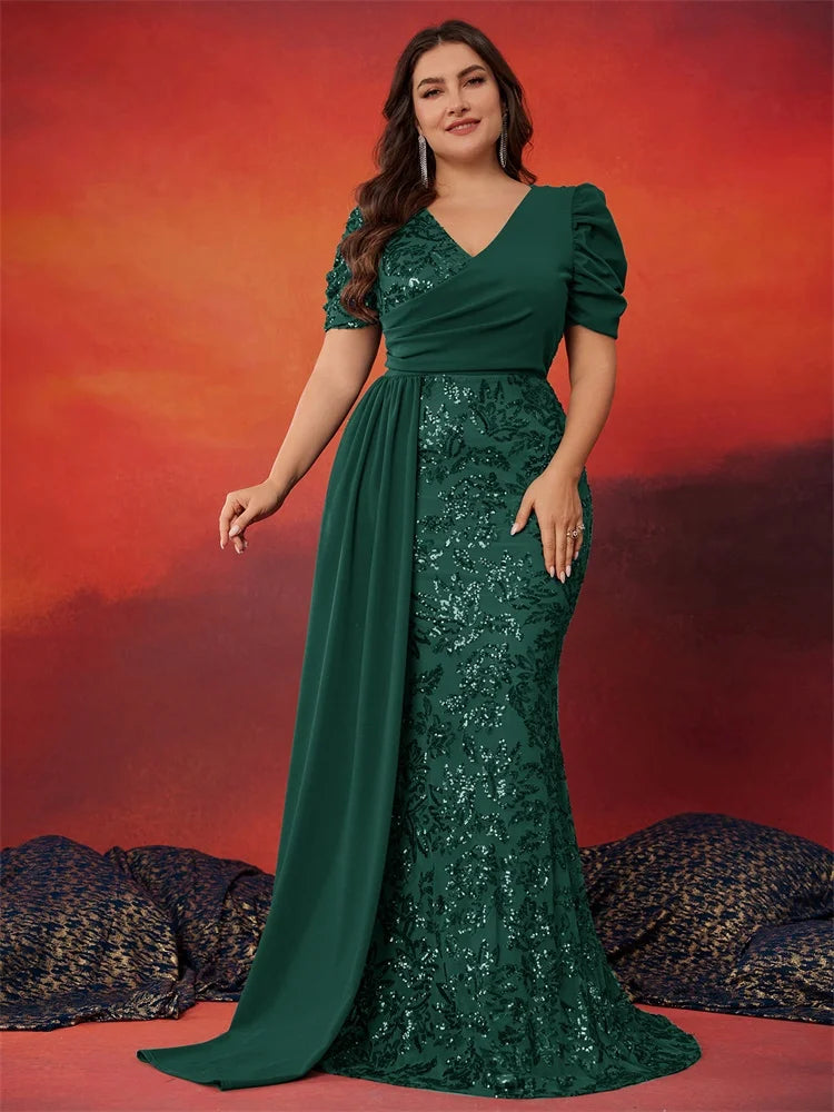 Plus Size Elegant V-neck Sequins Evening Dress