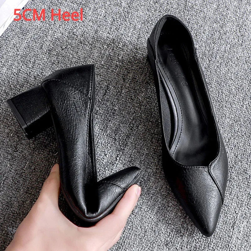 Chunky Heeled  Leather Shoes Pumps