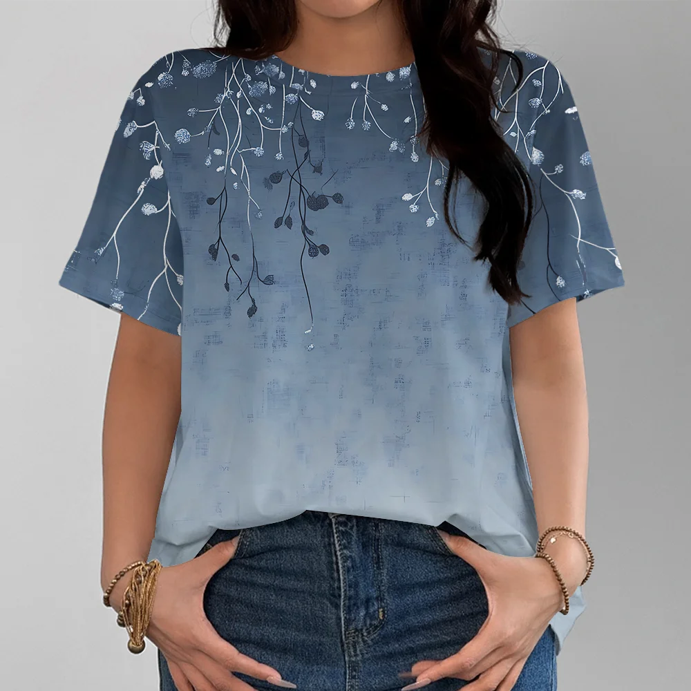 Blue And White Flower Pattern T-shirt Casual