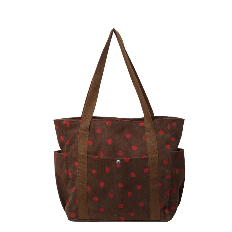 Strawberries Corduroy Shoulder Women's Tote Bags