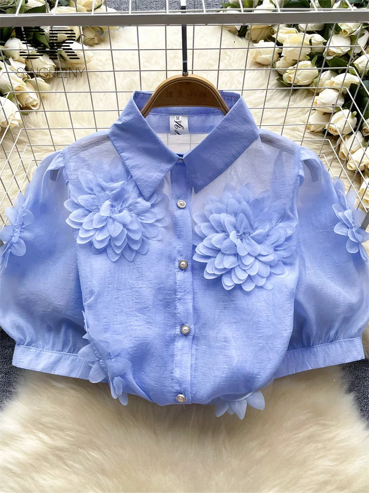 Short Sleeves Pearl Fashion  Sheer Chiffon Shirt