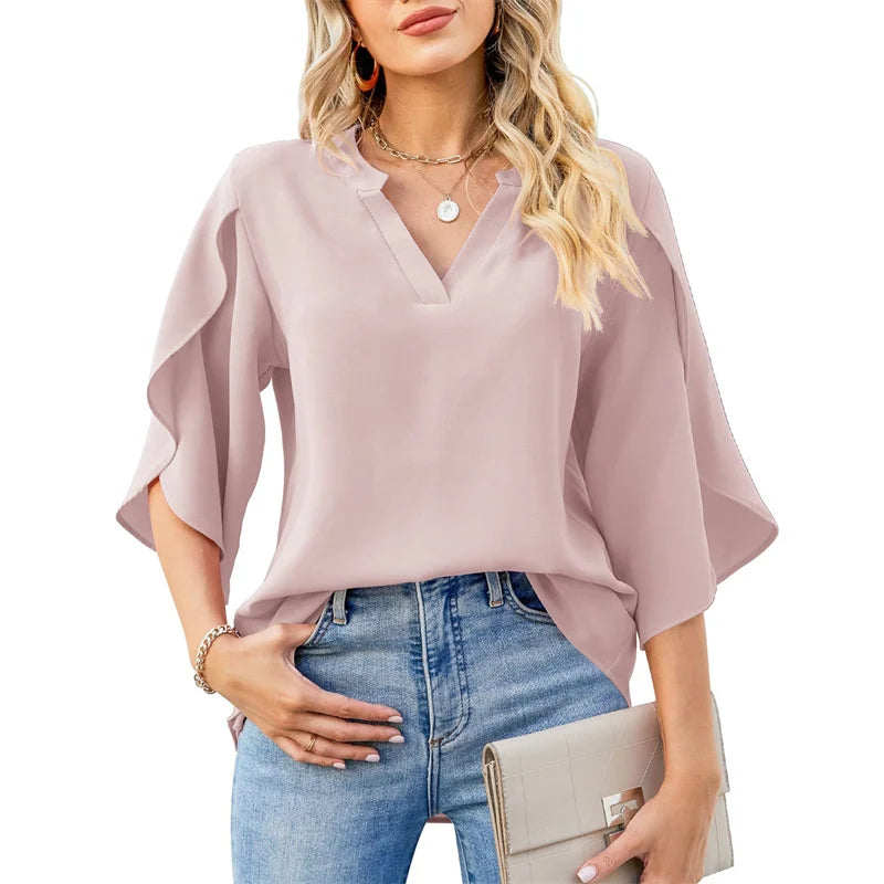 Chiffon Short Flare Sleeve V-Neck Blouse