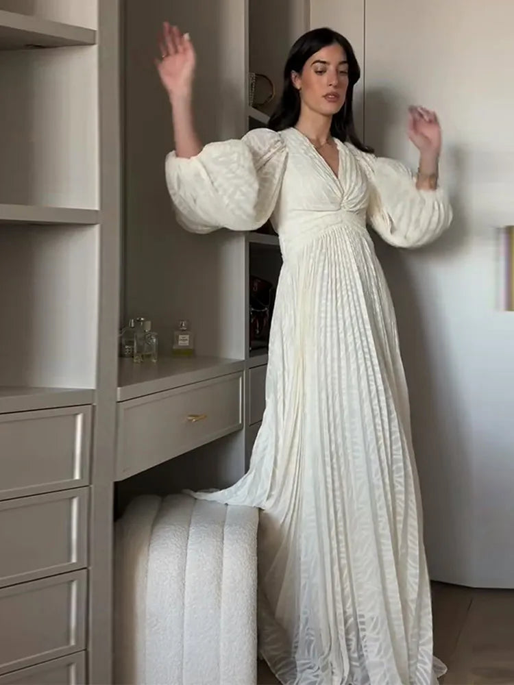 V-neck Backless Bubble Sleeve Holiday  Evening Gowns