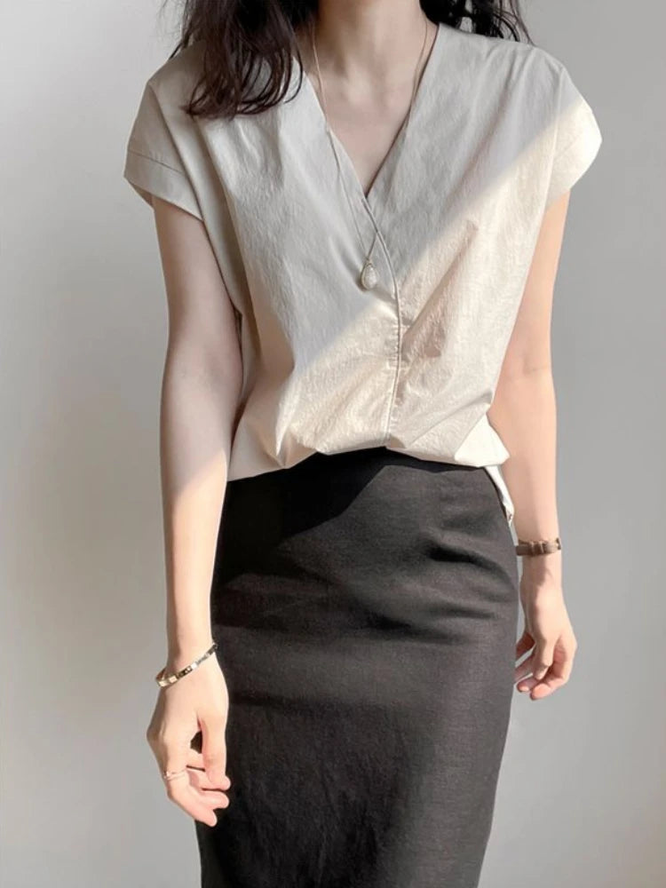 Half Sleeve  Button Up V Neck Blouse
