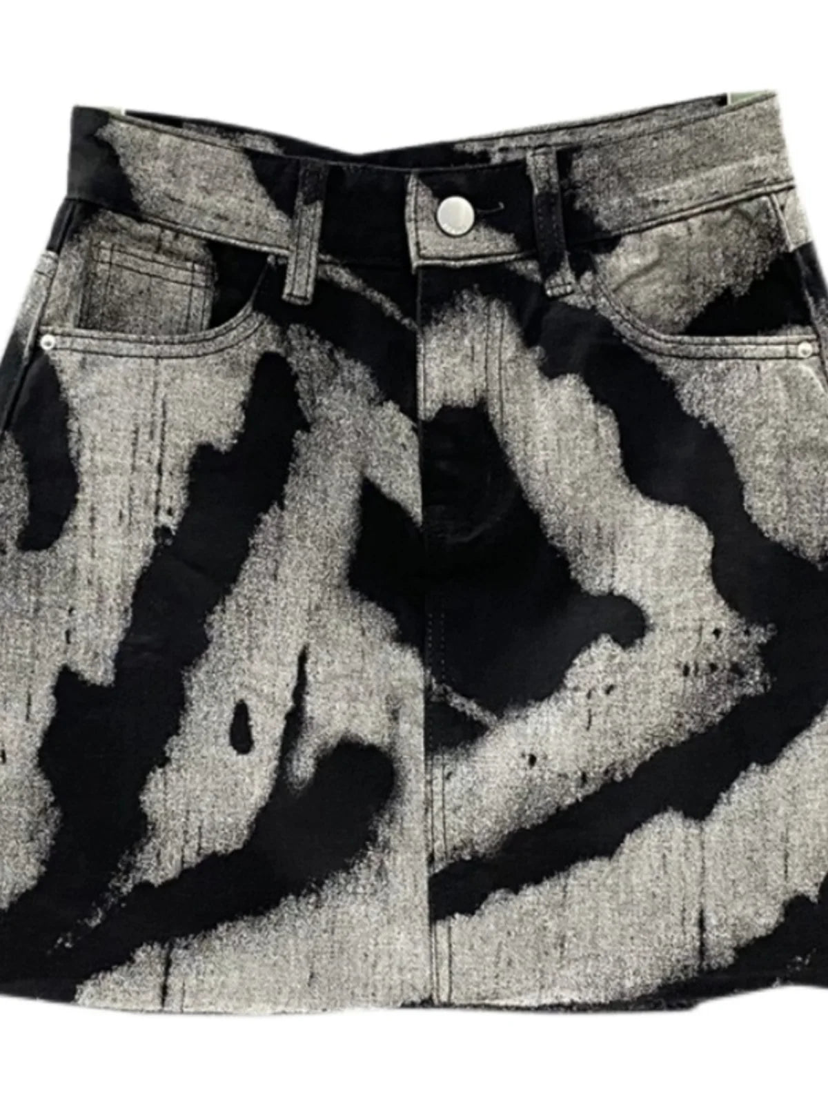 Black Gray Tie Dye Denim Skirt Fringed