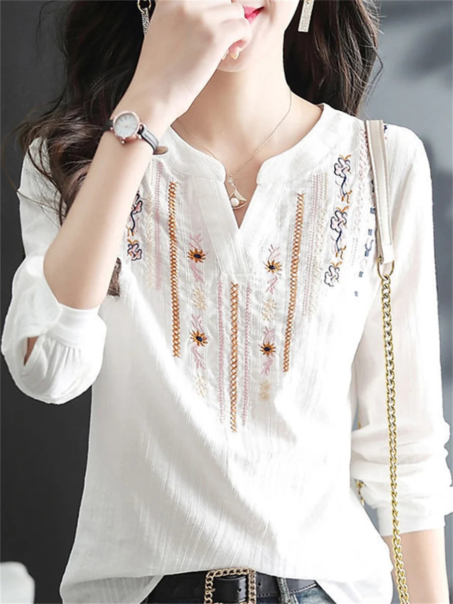 White Blouses V-Neck Long Sleeve