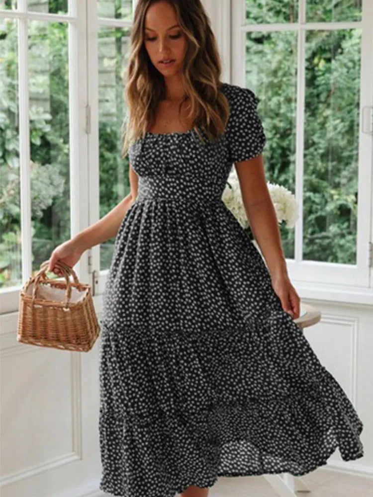 Puff Sleeve Casual Square collar floral maxi