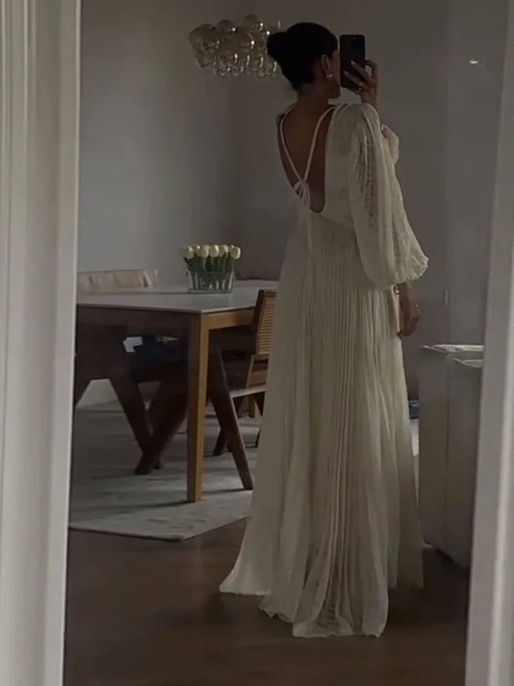 V-neck Backless Bubble Sleeve Holiday  Evening Gowns