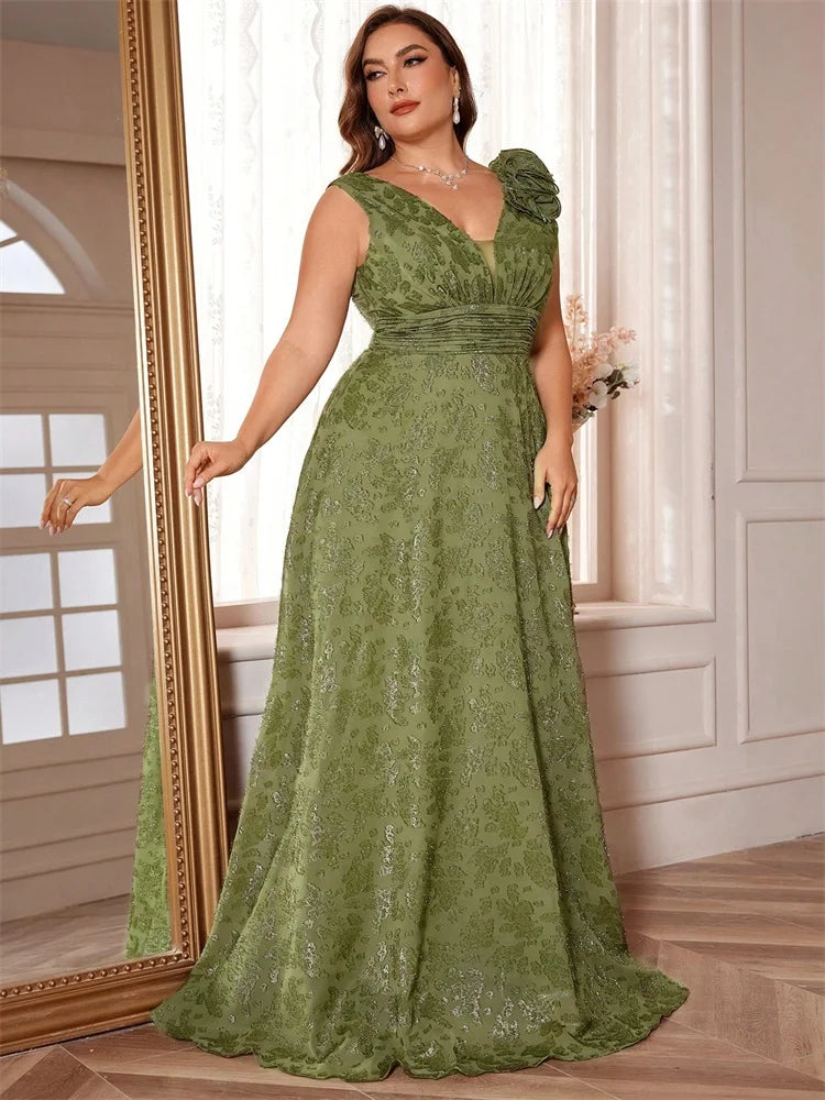 Plus Size Elegant V-Neck Floral Evening Dress
