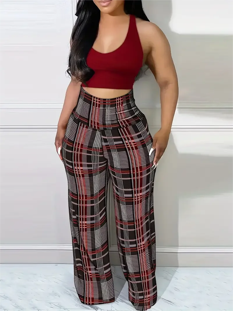 Plaid Wide Leg Pants High Waist Casual