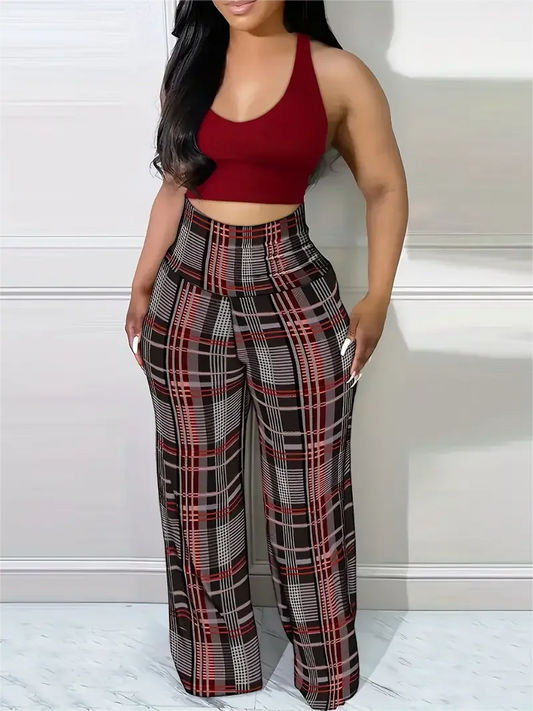 Plaid Wide Leg Pants High Waist Casual