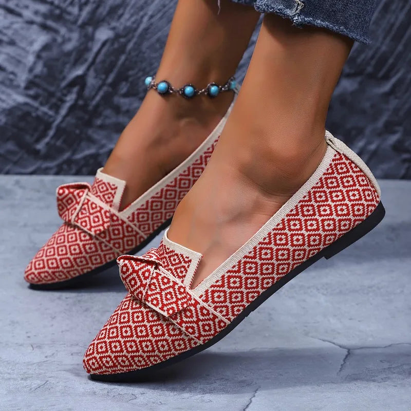 Flat pointed toe low-top bow shoes