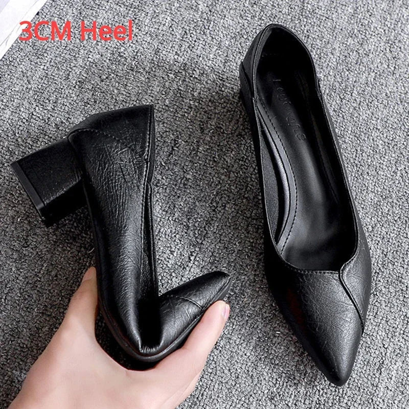 Chunky Heeled  Leather Shoes Pumps