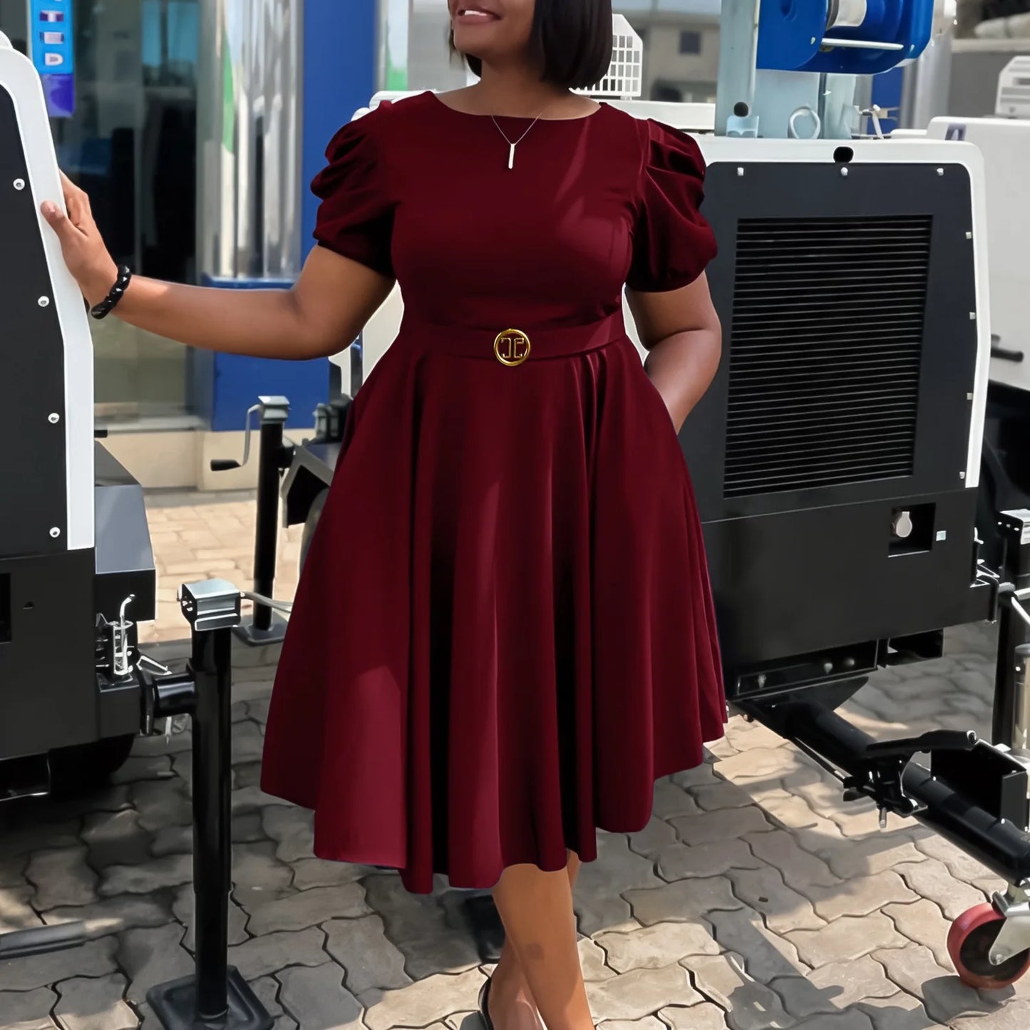 Short Sleeve Belt Waisted Pleated Mid Calf