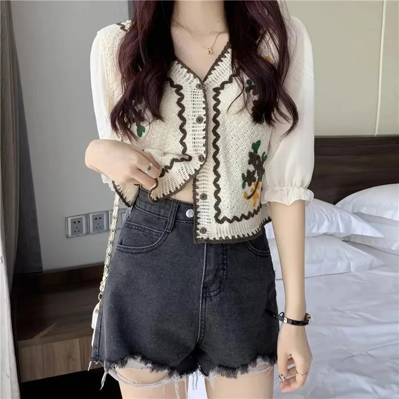 Flower Embroidery Crochet  Chiffon Sleeve  Top