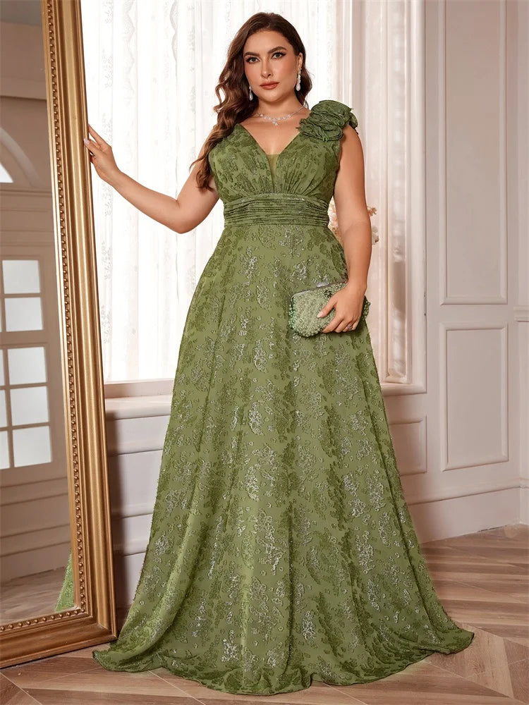 Plus Size Elegant V-Neck Floral Evening Dress