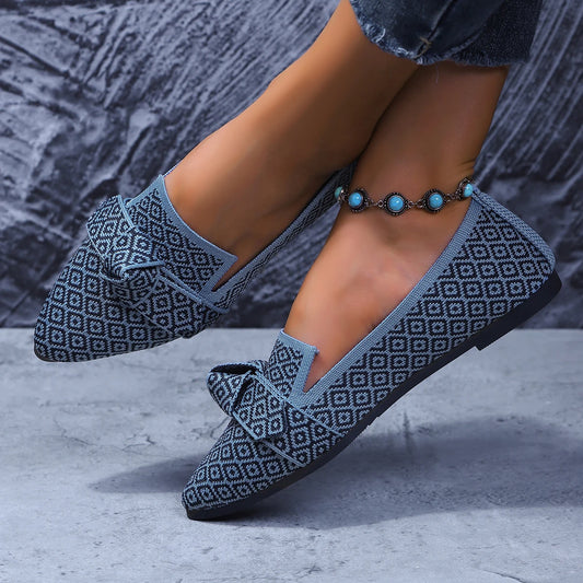 Flat pointed toe low-top bow shoes