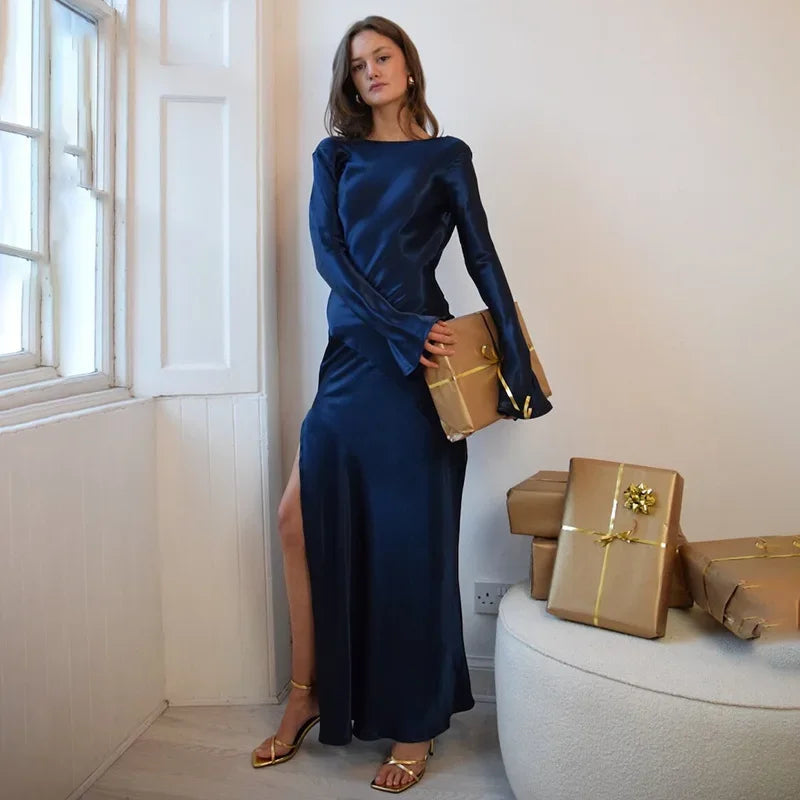 Evening Dress Backless Flare Sleeve Solid  Maxi