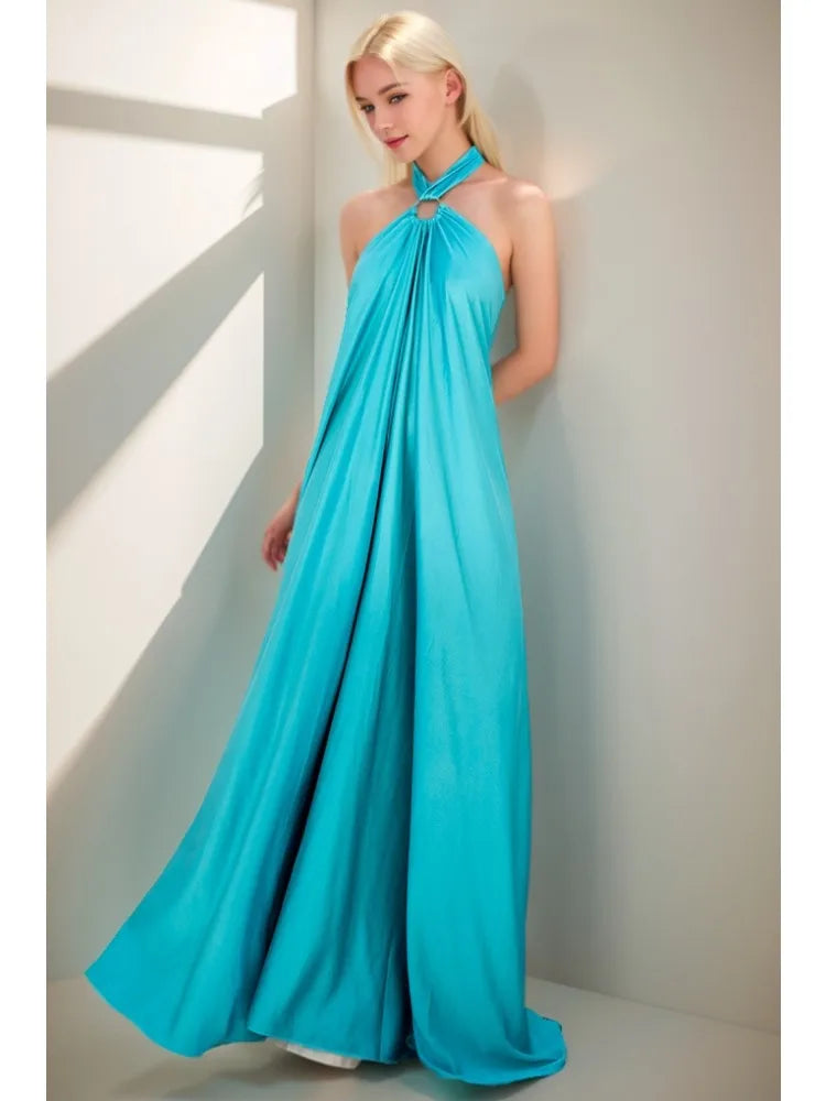 Satin Sexy Evening Dress Solid Blue Sleeveless