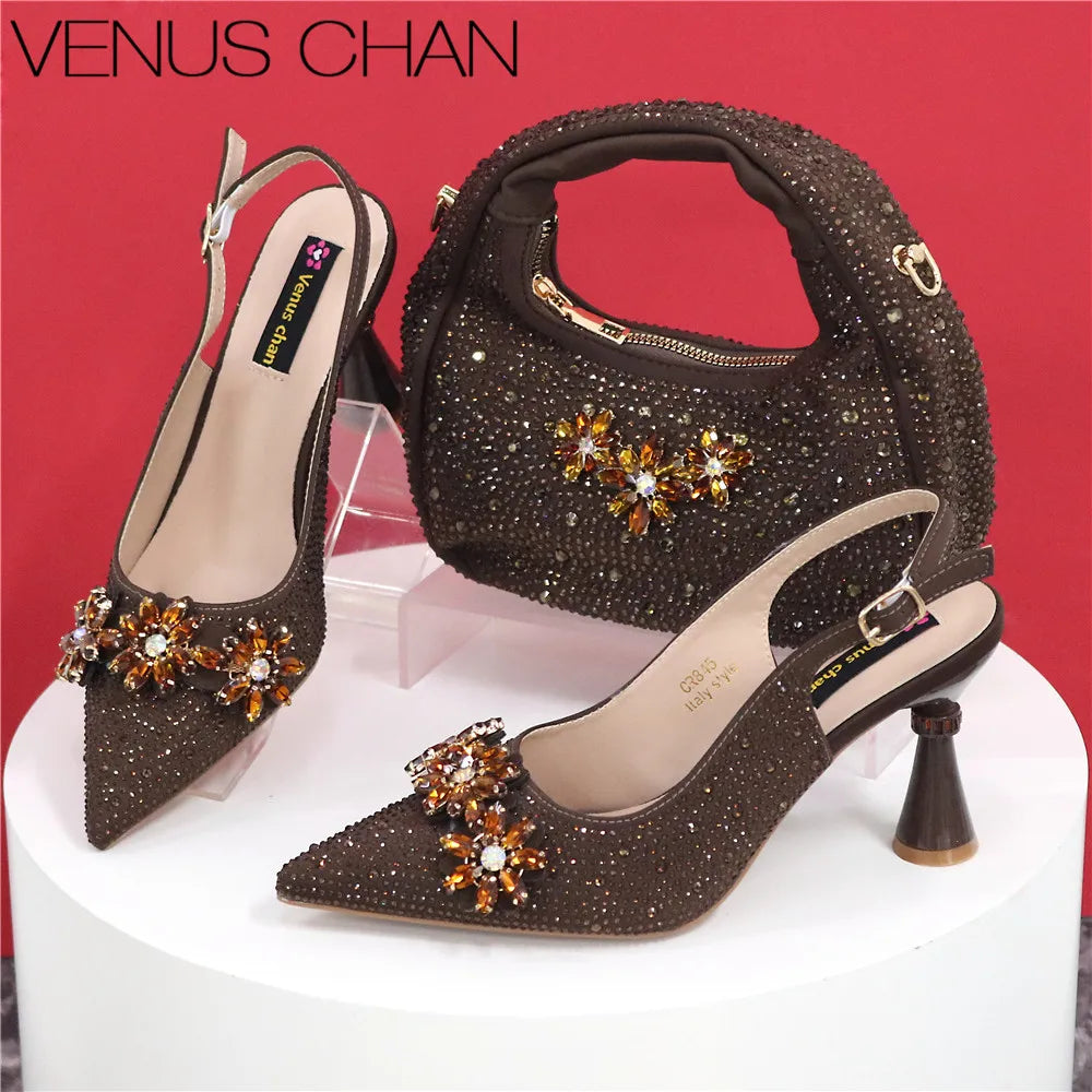 Pointed Toe High Heels,  Bags Set With Rhinestone