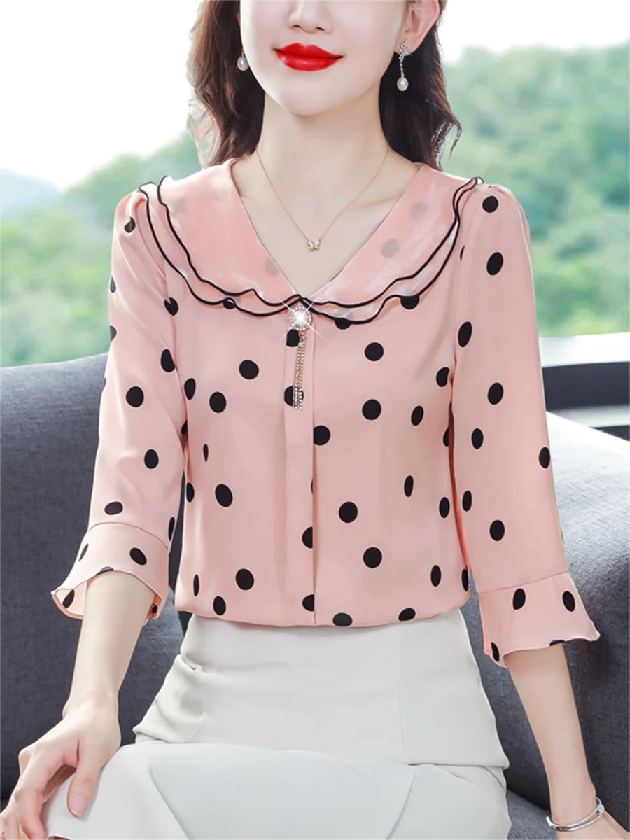 Polka Dots Half Sleeve Ruffles Collar